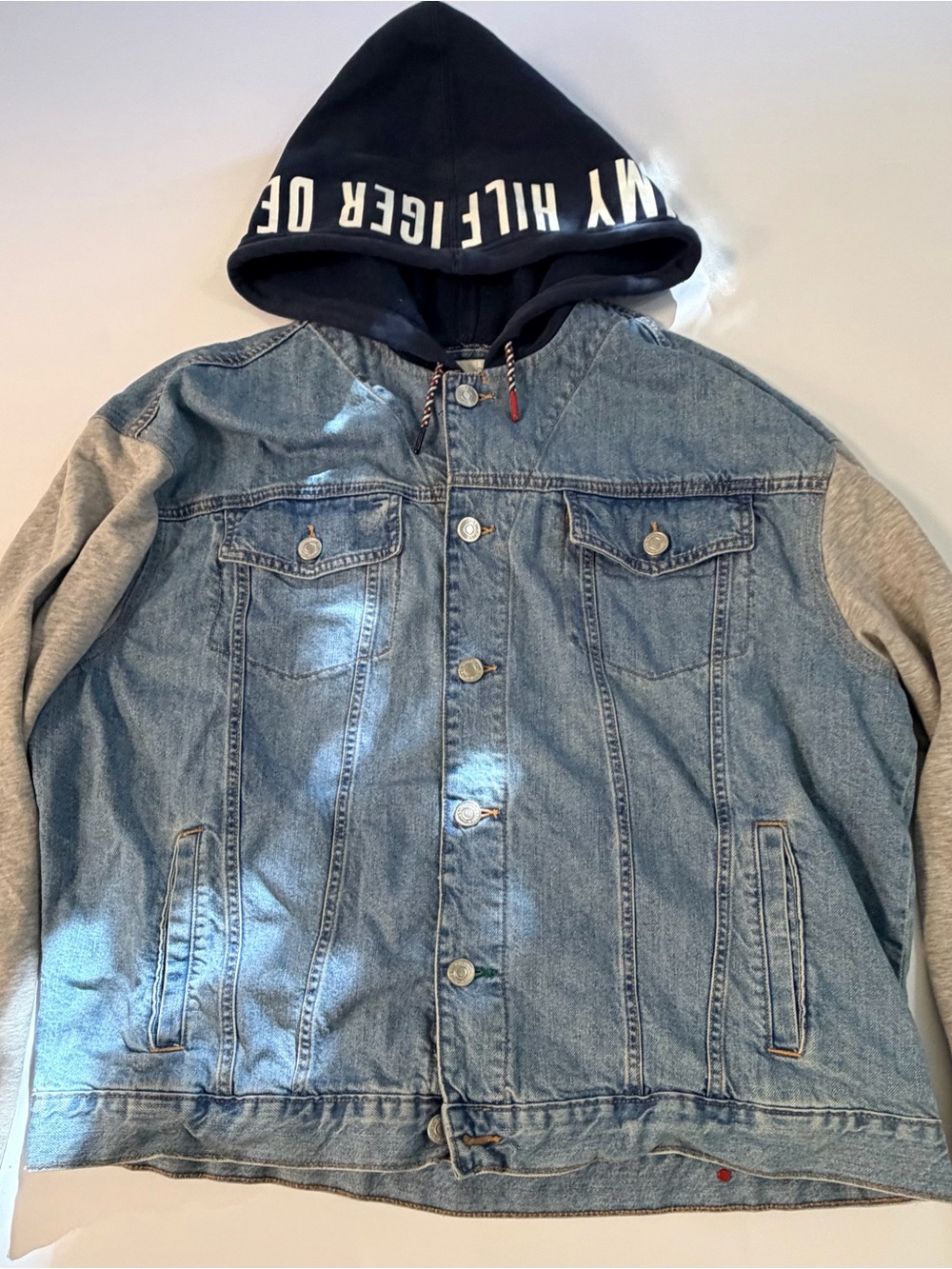 Tommy Hilfiger Light Blue Denim Jacket with Navy Hood and Gray Sleeves